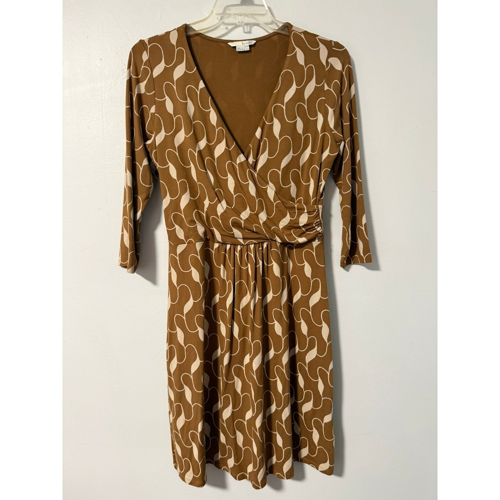 Boden Womens Tan Cream Abstract Swirl Faux Wrap Jersey Dress 3/4 Sleeve Size 10R